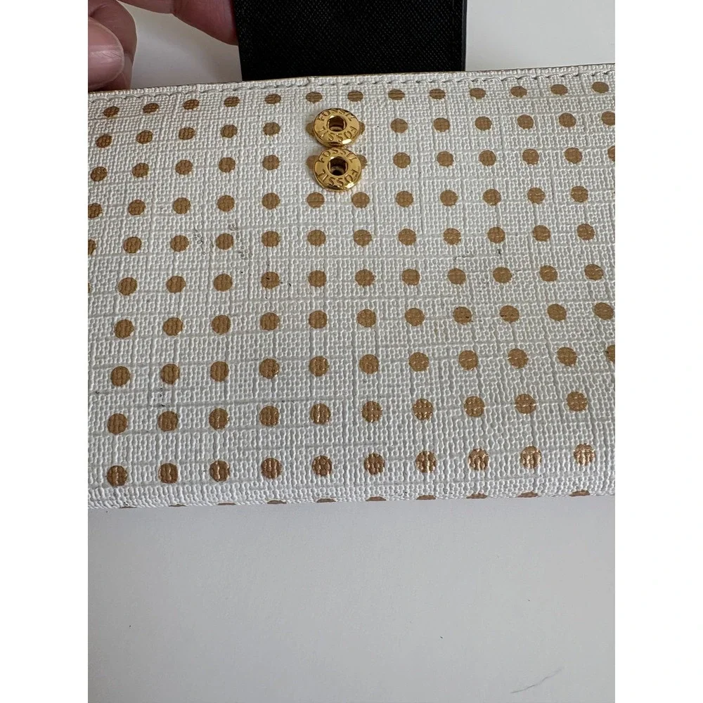 Fossil White Gold Polka‎ Dot Bifold Clutch Wallet Black Leather Snap Tab